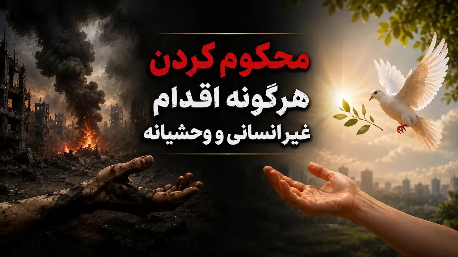 Persian poster condemning all inhumane and savage acts; left shows a ruined city and a dirty, outstretched hand, right a clean hand releasing a dove with an olive branch.