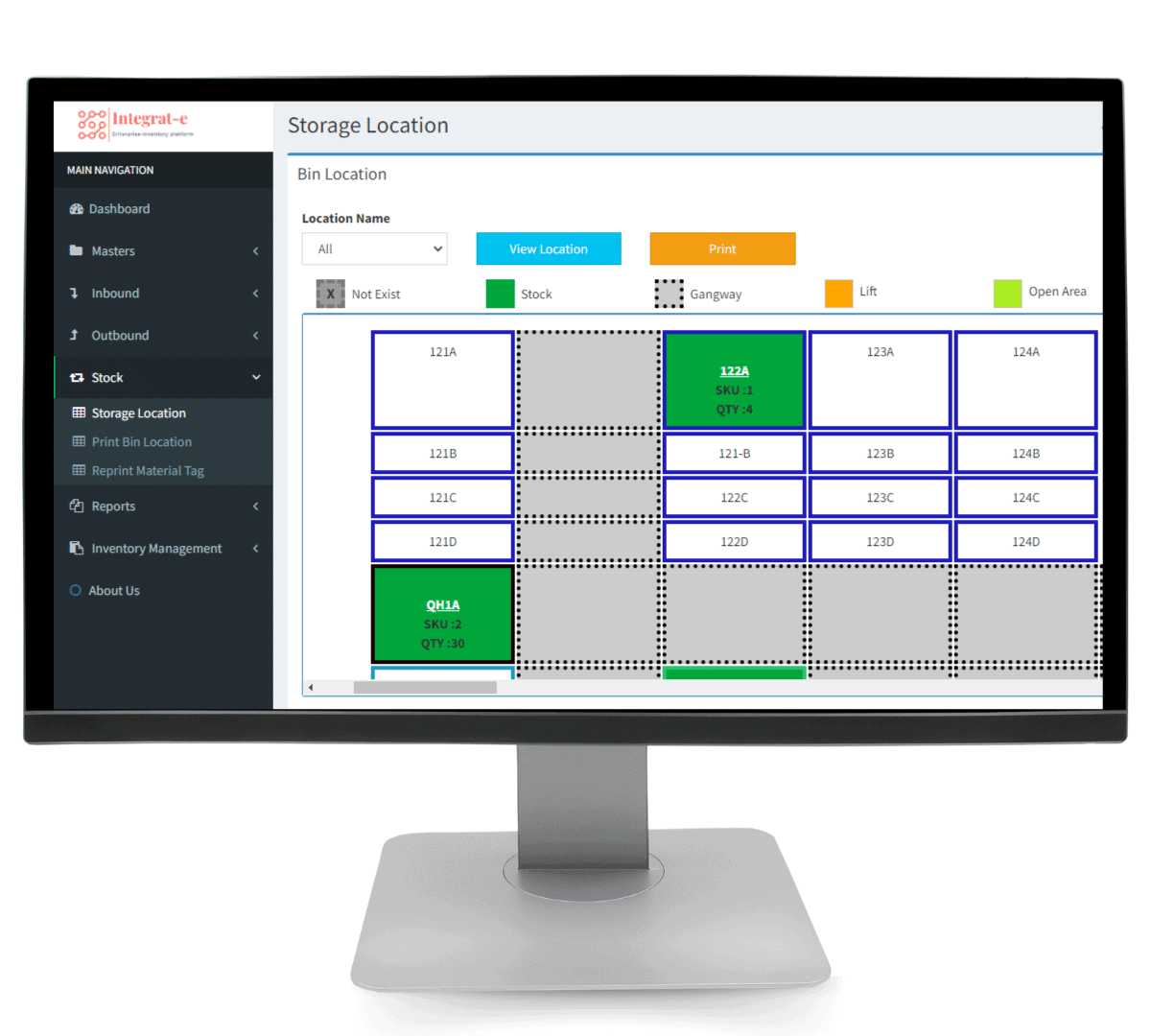 integart-e WMS storge location dashboard display for clients for inventory managment
