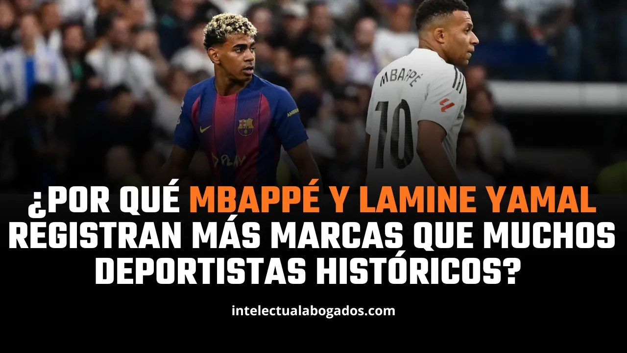 Thumbnail shows Mbappé in blue and Lamine Yamal in white, with a bold Spanish headline about why they have many brands; site intelectuallabogados.com