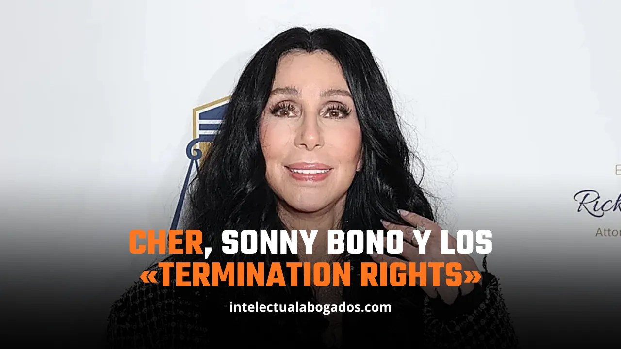 Promo banner featuring a woman with long dark hair at a media event; bold orange/white text reads 'CHER, SONNY BONO Y LOS «TERMINATION RIGHTS»' and a website link.
