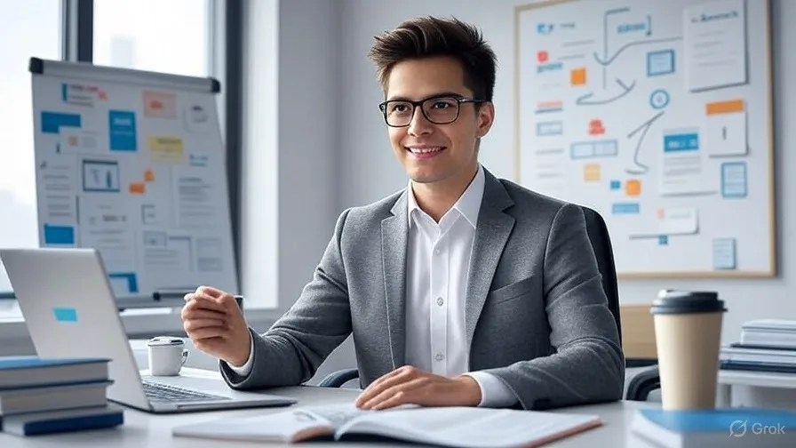 Imagen de un emprendedor con su laptop y varias anotaciones en un pizarrón.