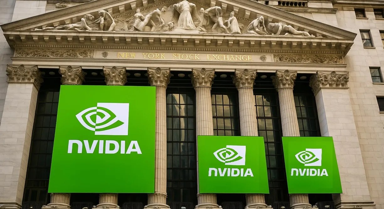 Foto del mercado de acciones de Nueva York con el emblema de NVIDIA.