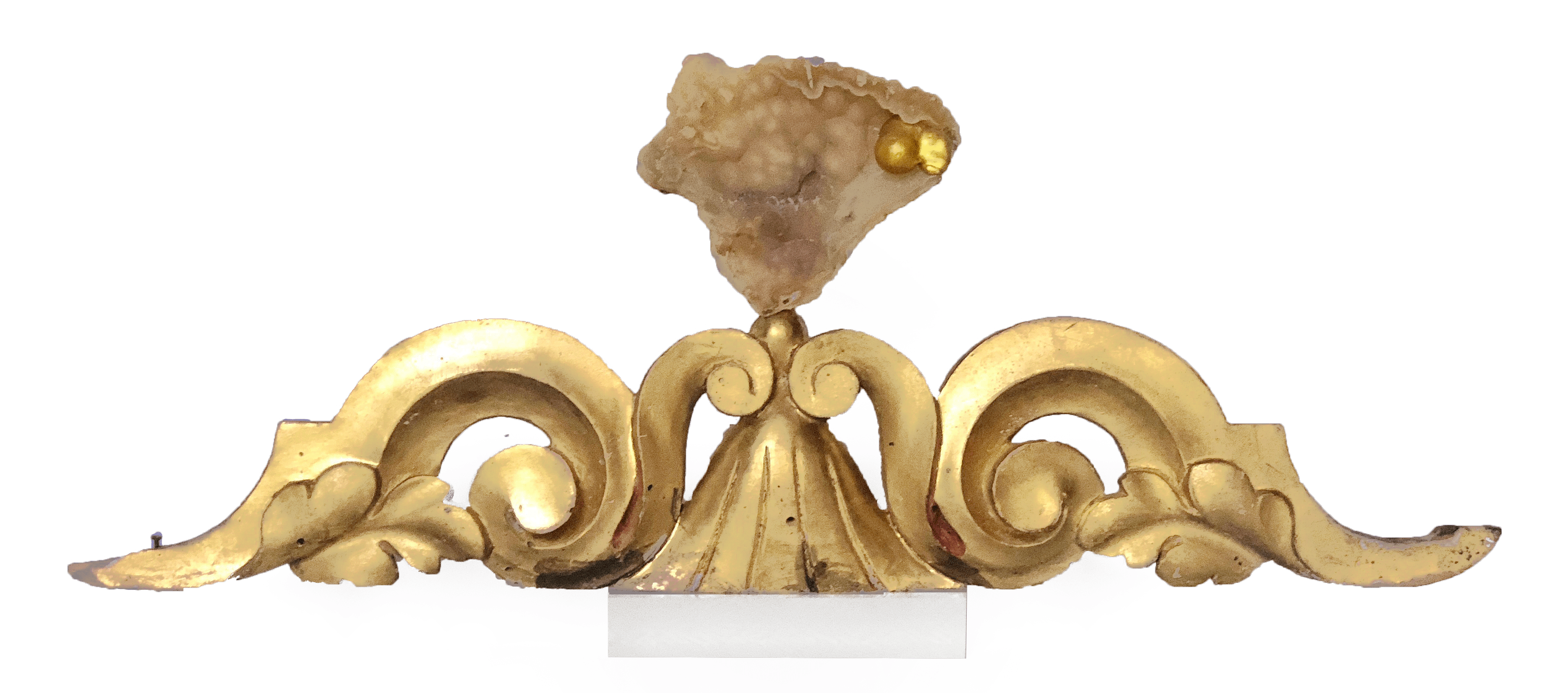 18th century Italian fragment decorated with agate coral and natural forming baroque pearl on a lucite base.