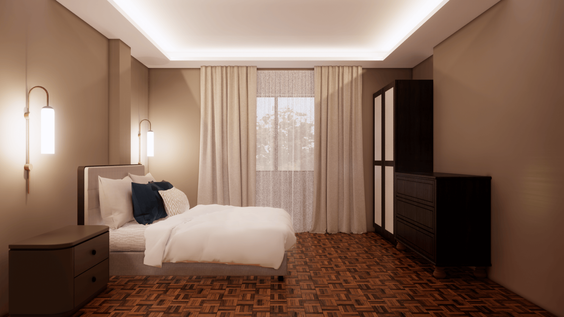 How to make a small room look bigger showing ceiling height curtains low contrast neutral walls and layered warm wall sconce lighting.