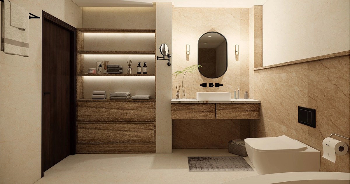 Modern wall-hung vanity and shelving in a minimalist bathroom design ideas project.