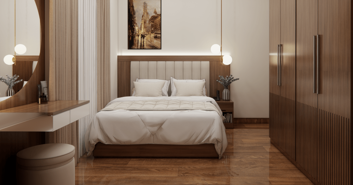 Modern bedroom interior design Nepal setup showcasing calm bedroom design ideas with a central wooden bed frame, headboard lighting, and built-in wardrobe.