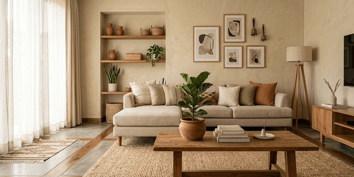 Budget-friendly modern Nepali living room featuring warm beige tones, wooden furniture, terracotta decor, and indoor plants.