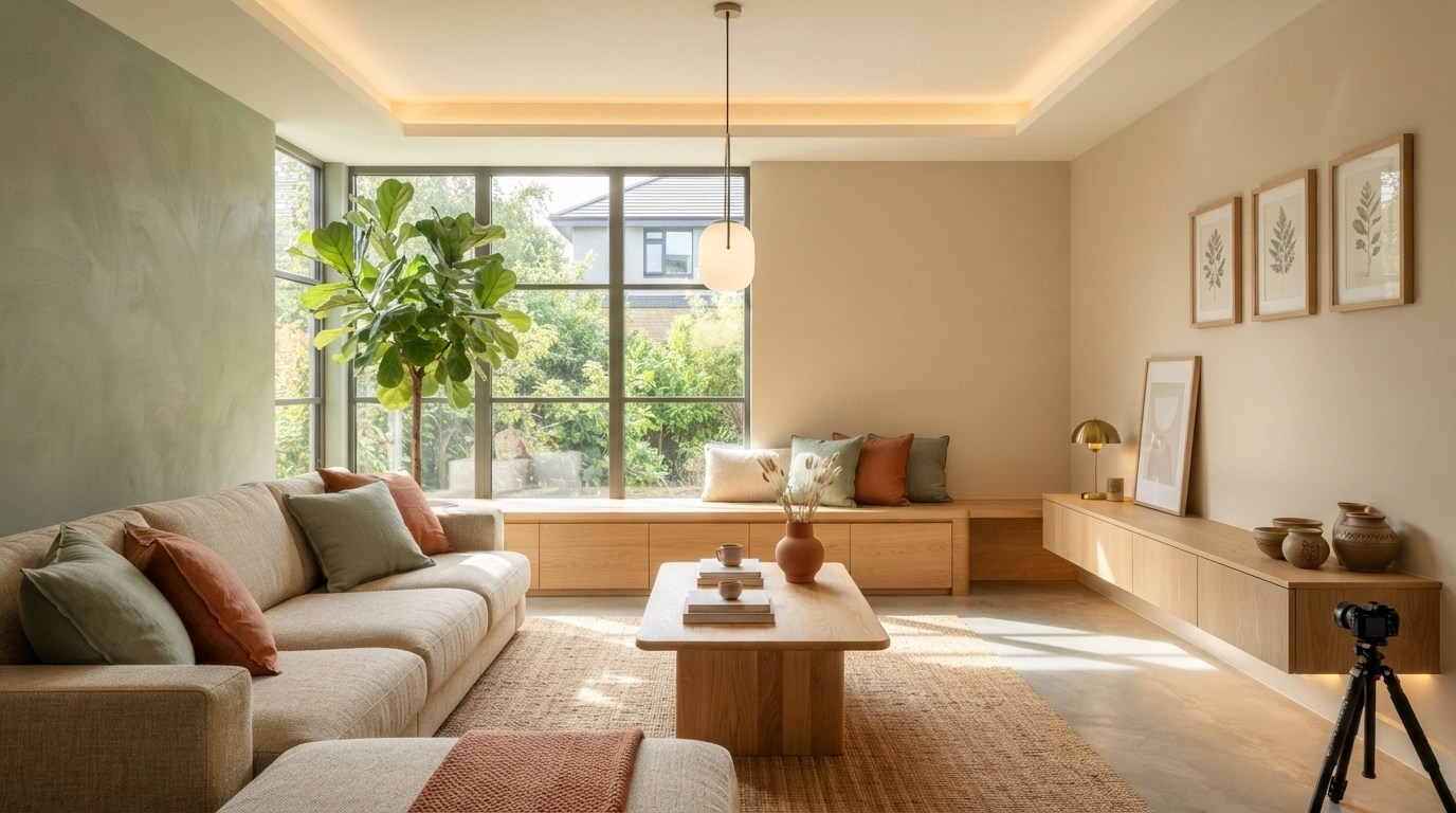 Living room demonstrating color psychology in interior design with a warm beige and sage green palette.