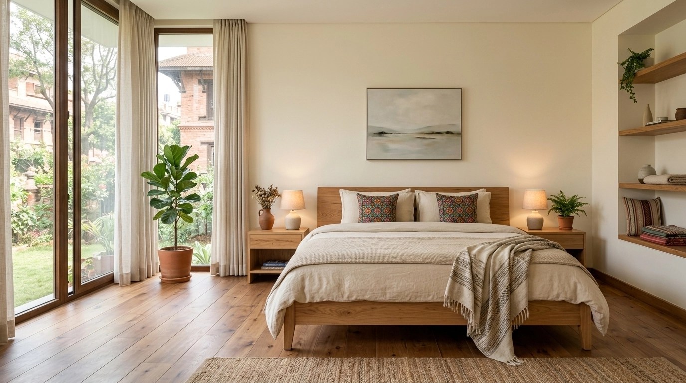 A tranquil bedroom featuring modern nepali home design, warm wooden flooring, large windows opening to a garden, and subtle local cultural accents.