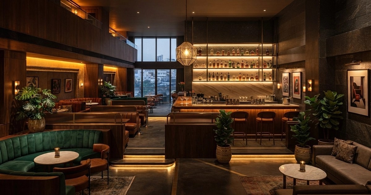 An upscale restaurant interior design Nepal featuring wooden dining tables, woven cane chairs, a stone accent wall, soft ambient lighting, and an open kitchen view with chefs working inside.
