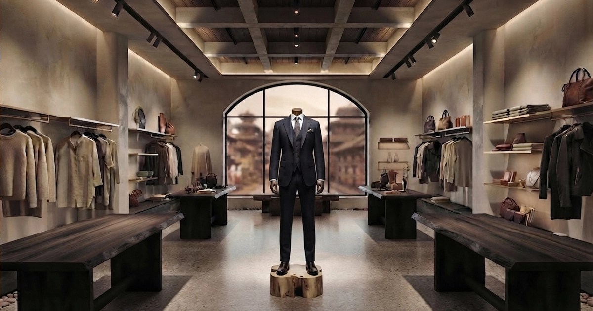 Luxury clothing retail store interior with wood displays and track lighting in Nepal