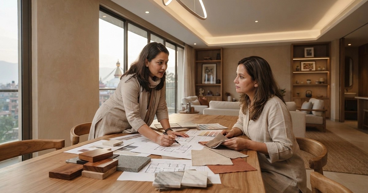Interior designer discussing home plans and materials with a client in Kathmandu