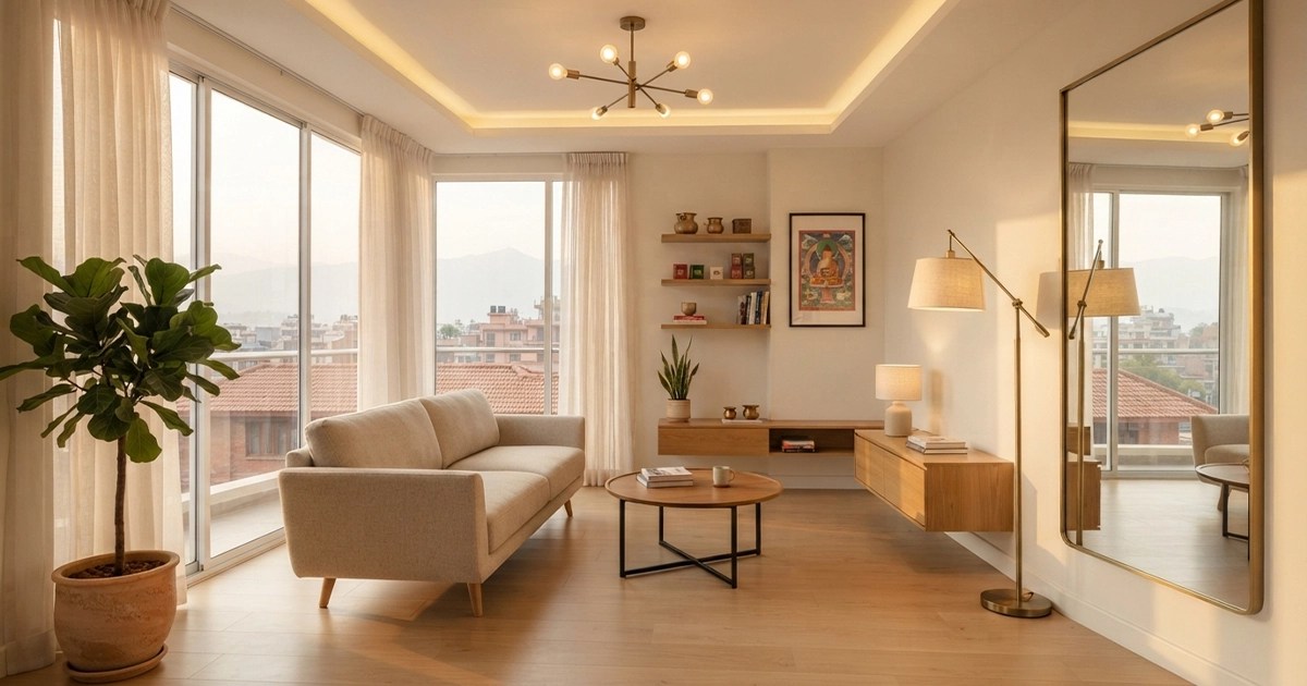 A wide-angle view of the modern Nepali apartment living room, emphasizing the large windows with sheer curtains overlooking the Kathmandu cityscape.