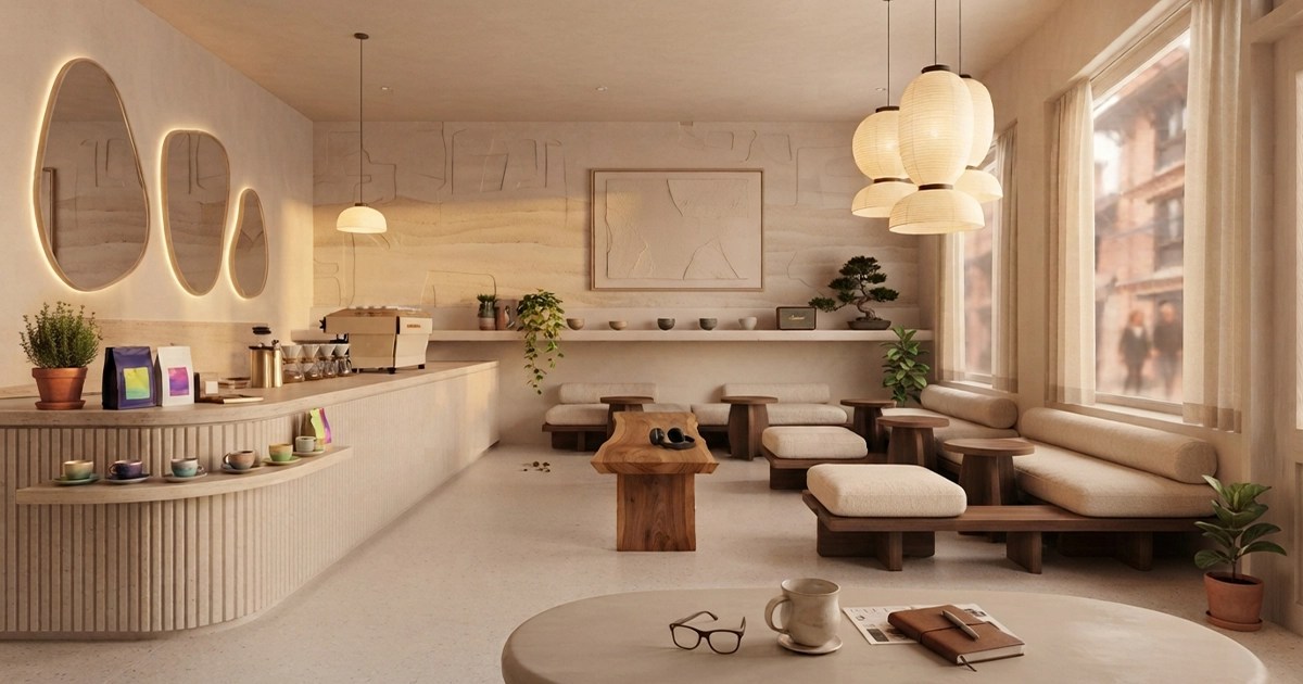 A serene, minimalist coffee shop interior in Nepal featuring textured rammed-earth walls, warm pendant lights, and comfortable seating.