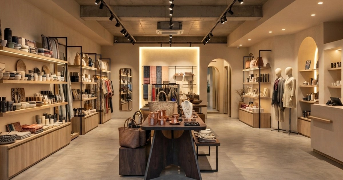 Modern boutique retail store interior with layered lighting and organized product displays