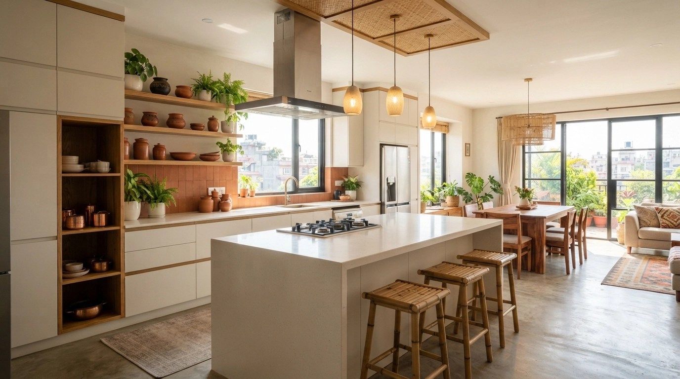 Luxurious open-plan modern Nepali kitchen with quartz island, wooden accents, and natural lighting.