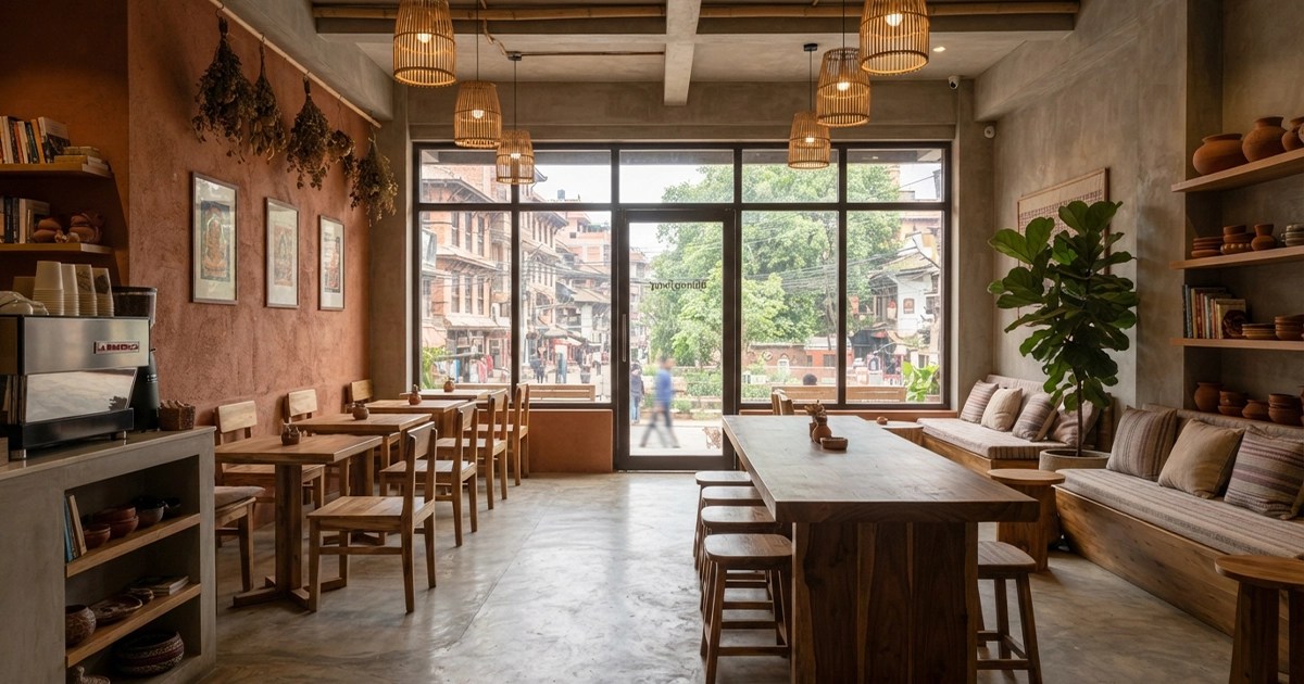 An inviting rustic-modern cafe interior in Nepal featuring a mix of wooden tables, rattan pendant lights, and a view of traditional brick buildings through large windows.