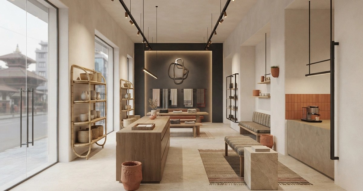 Nepali-inspired retail store interior with bamboo shelving, natural wood and local materials