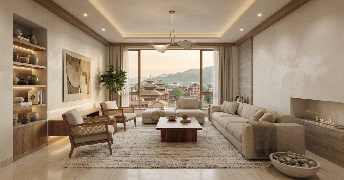 Luxury Nepali interior featuring sal wood, local stone, bamboo, and handwoven textiles