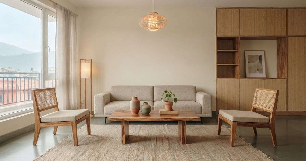 Japandi interior design living room with natural wood furniture and earthy tones in a Nepali home