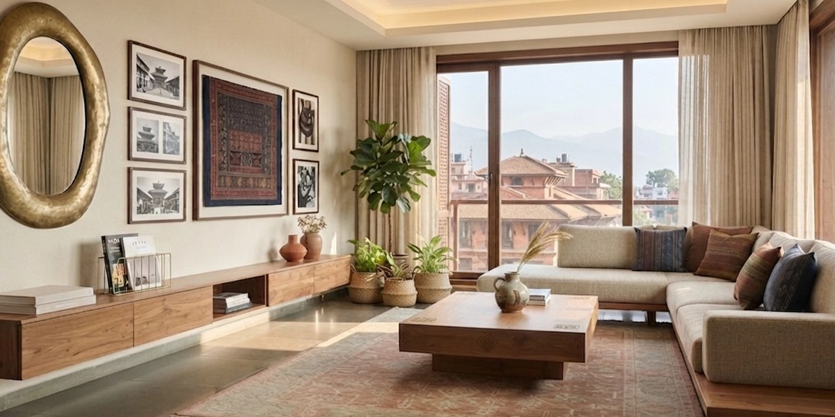 Modern minimalist living room featuring a long floating wooden console, framed cultural art wall decor, and large sectional sofa.