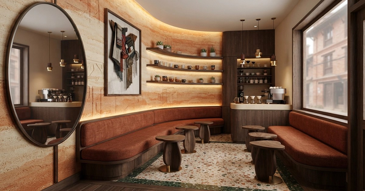 A high-end, luxurious cafe interior design in Nepal with curved orange banquette seating, a polished terrazzo floor, and warm, curved shelving.