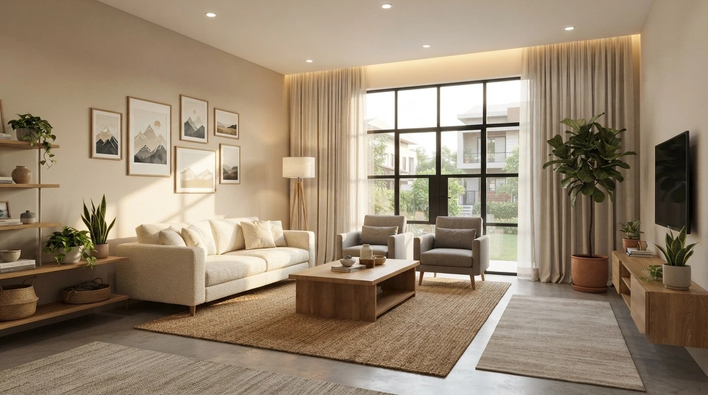 Modern Nepali living room showcasing balanced layout and layered lighting solutions to avoid interior design mistakes