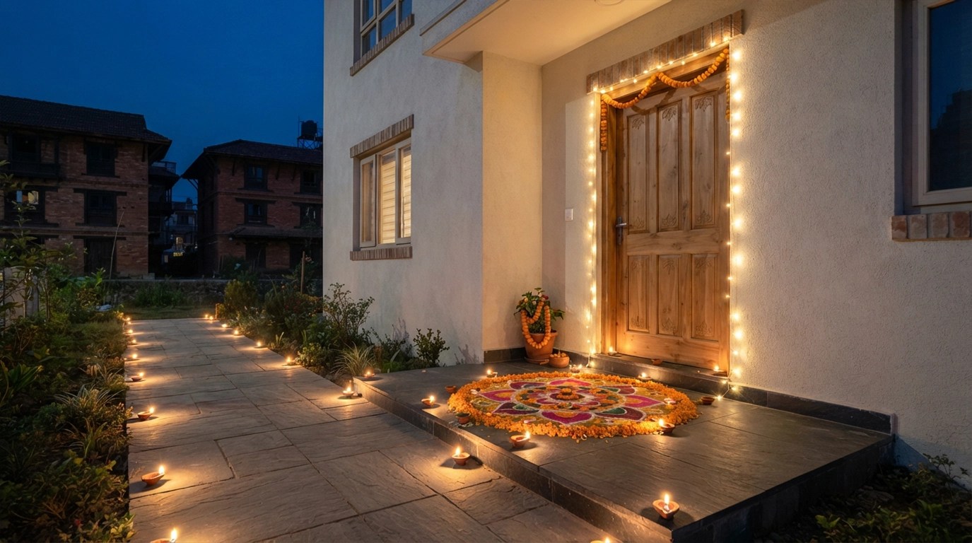 Diyo and warm string lights around a rangoli at a Nepali home entrance, home lighting ideas.