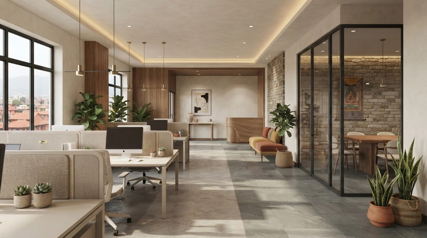 Office interior design in Nepal, space planning with separate work and meeting zones