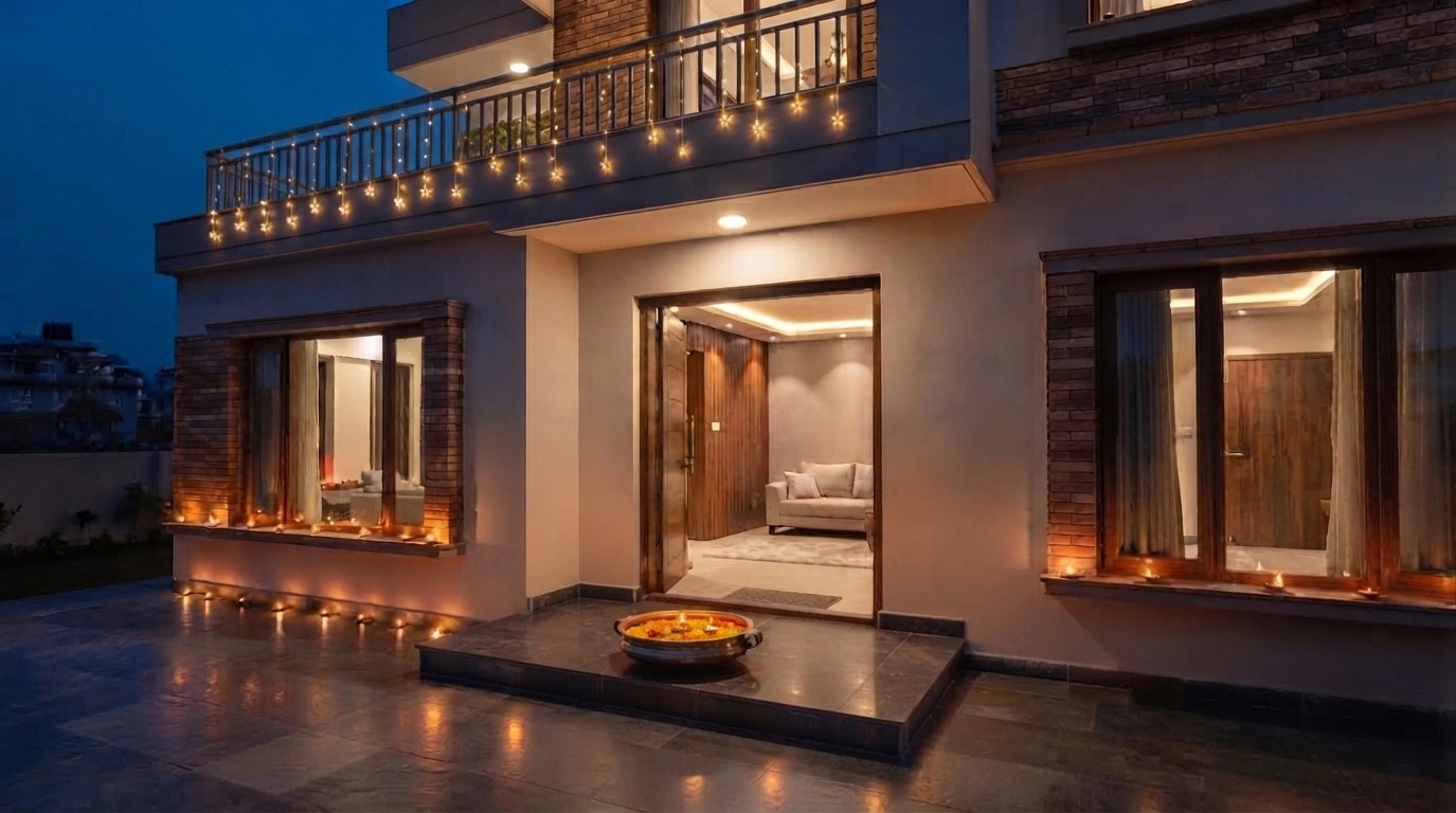 Warm diya and string lights decorating a Nepali home lighting ideas for Tihar