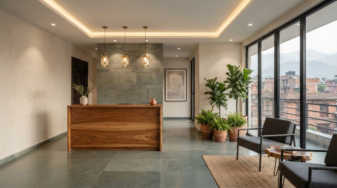 Modern office reception area with wood and stone details