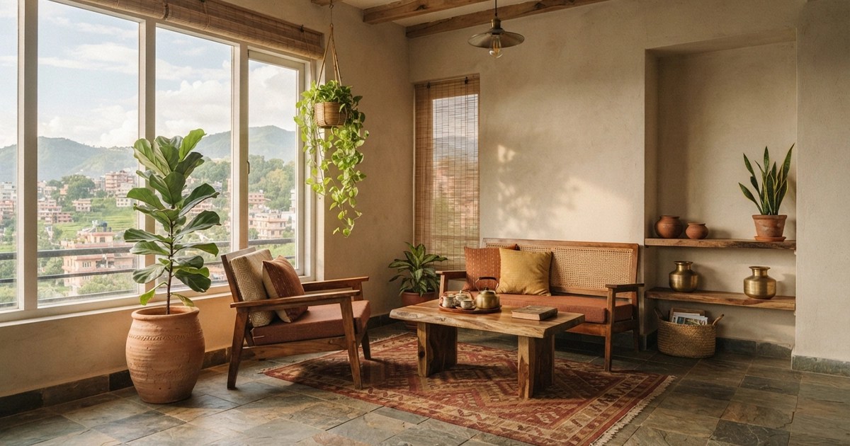 Modern Nepali interior with indoor plants, natural stone, timber furniture, and biophilic design elements