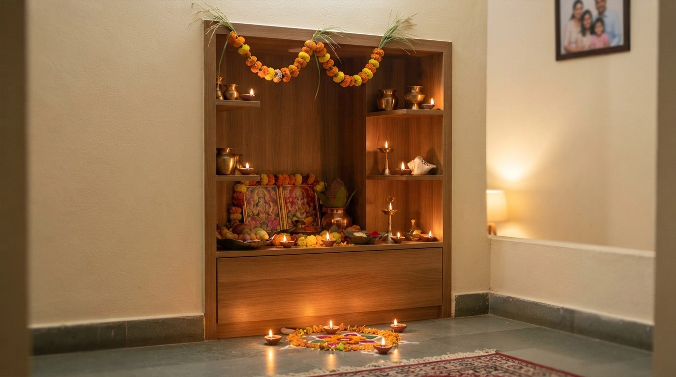 Multiple small diyo create a warm, traditional glow around the Laxmi Puja area.