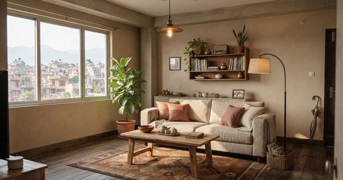 Modern Nepali living room with earthy colours, sal wood furniture, warm lighting, and natural materials