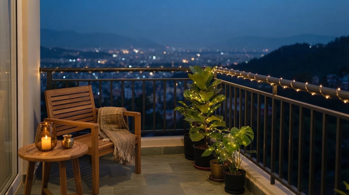 Warm string home lighting ideas for  decorating a Kathmandu balcony for Tihar.