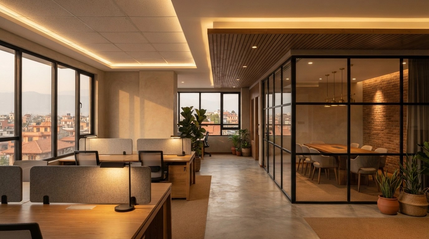 Layered lighting in a modern office interior