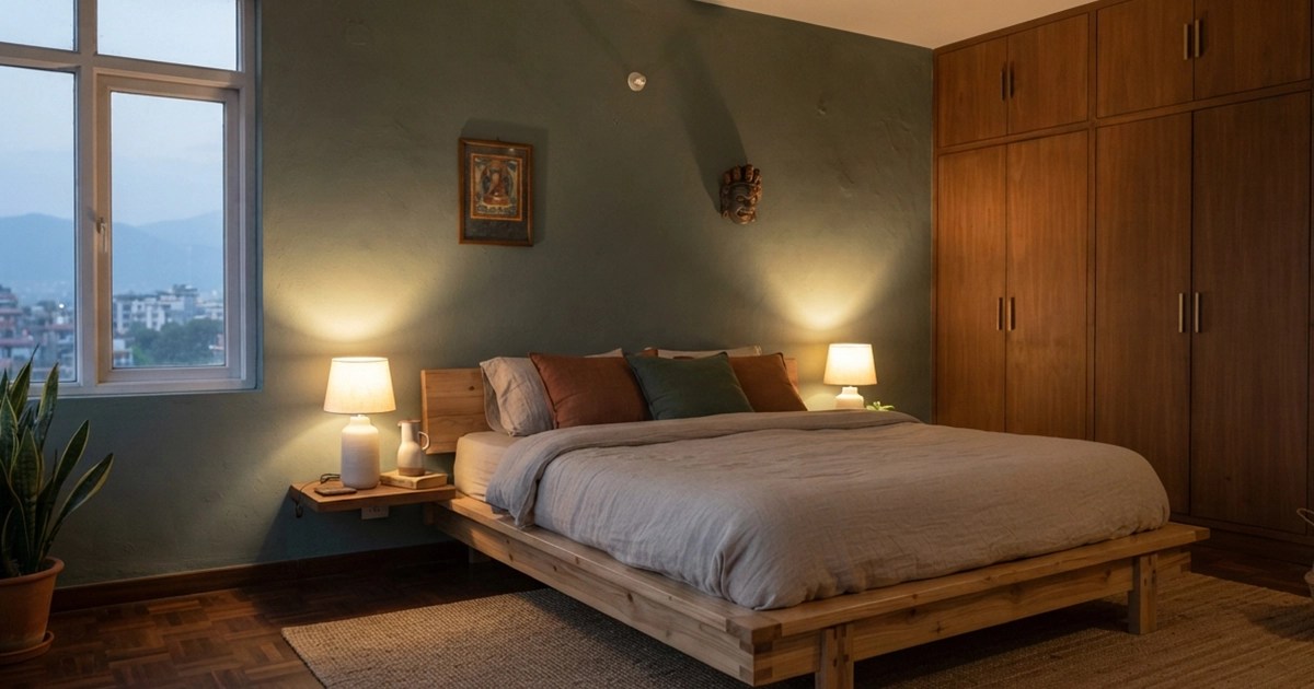 Modern Nepali bedroom with a timber bed, warm lighting, built-in storage, and earthy interior colours