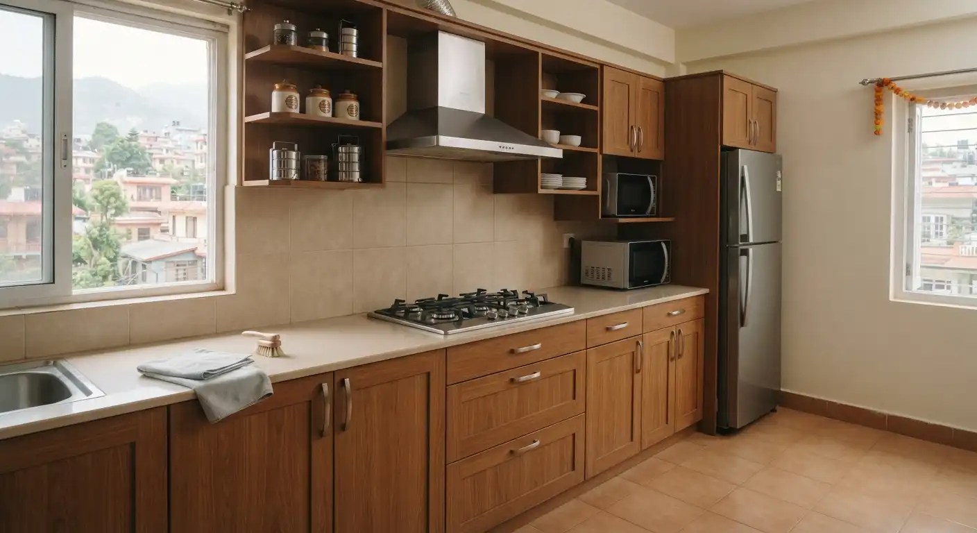 Clean and organized Nepali kitchen prepared for Dashain