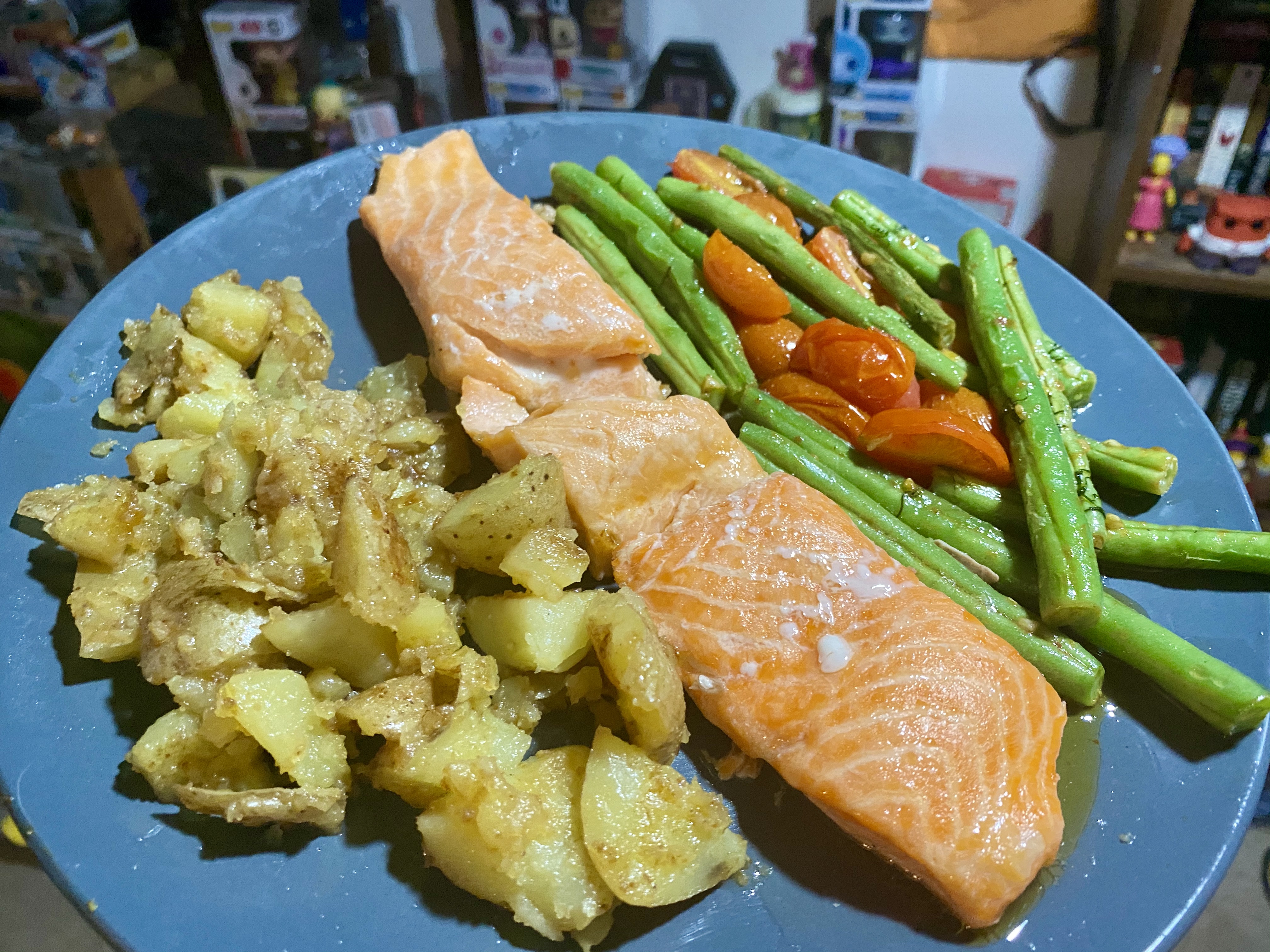 Roasted Salmon with Crispy Potatoes, Burst Tomatoes and Green Bea