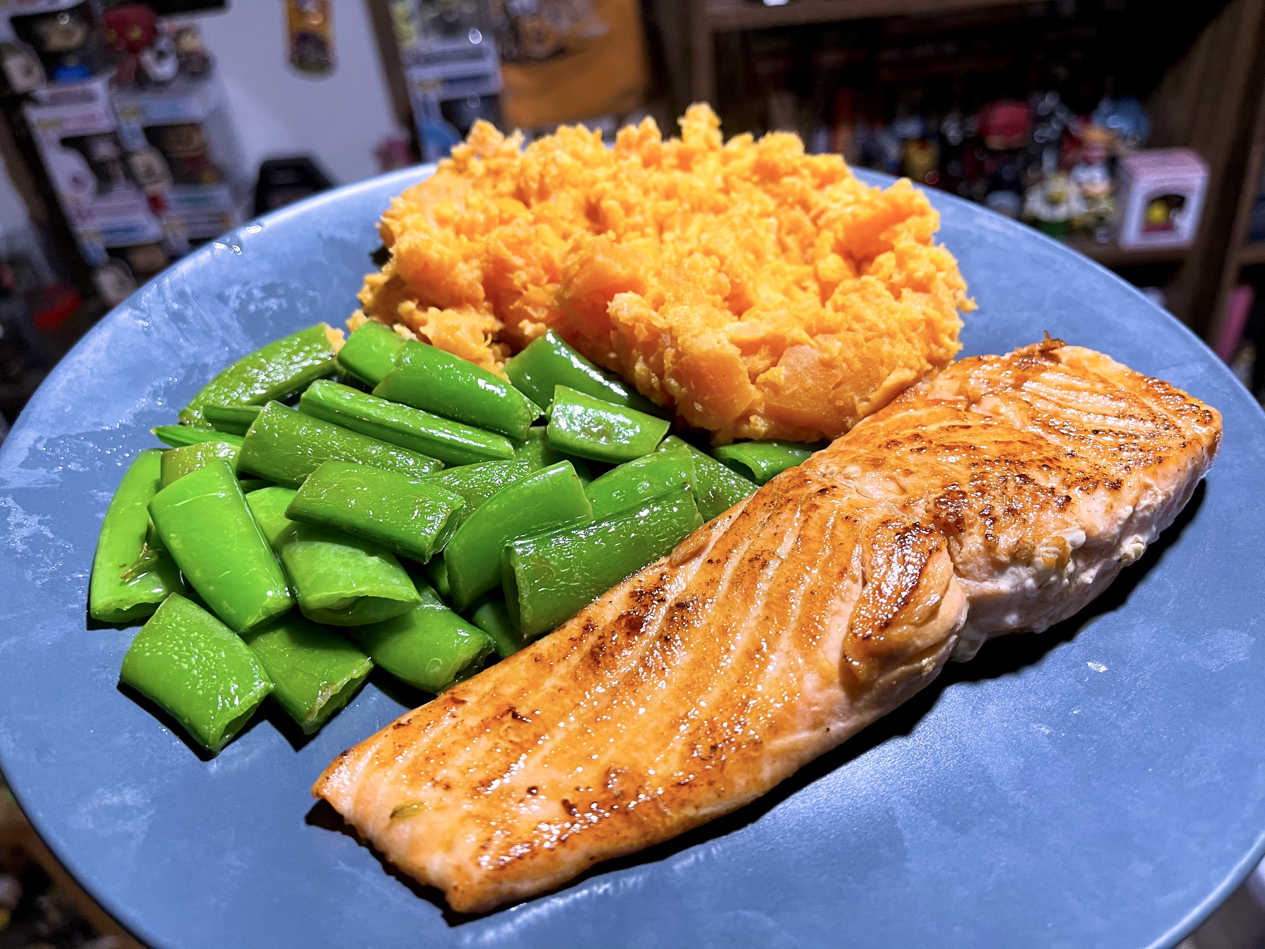 Soy-Maple Glazed Salmon with Sugar Snap Peas and Sweet Potato Mash