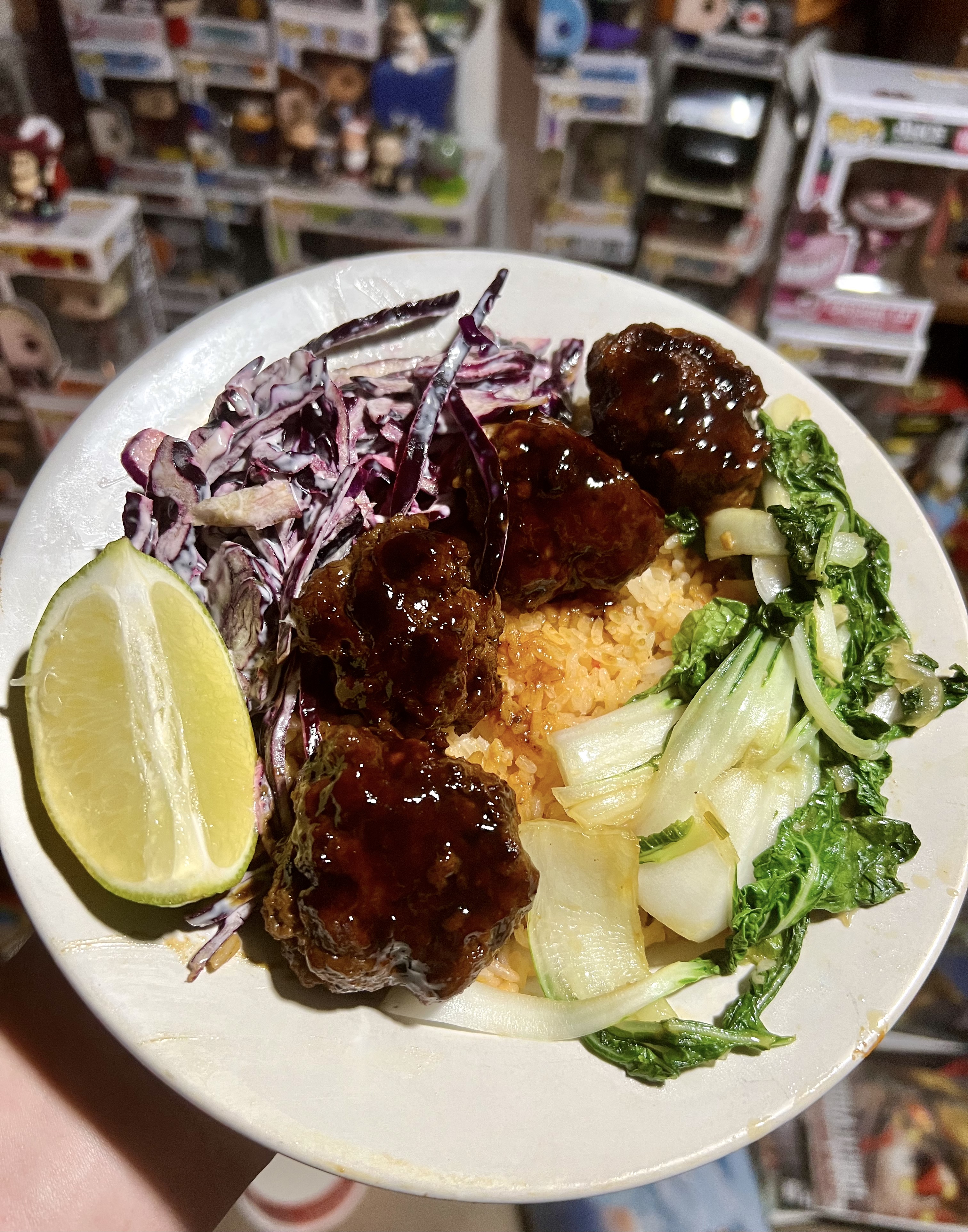 Saucy Meatballs over Jasmine Rice with Sautéed Asian Greens & Creamy Slaw