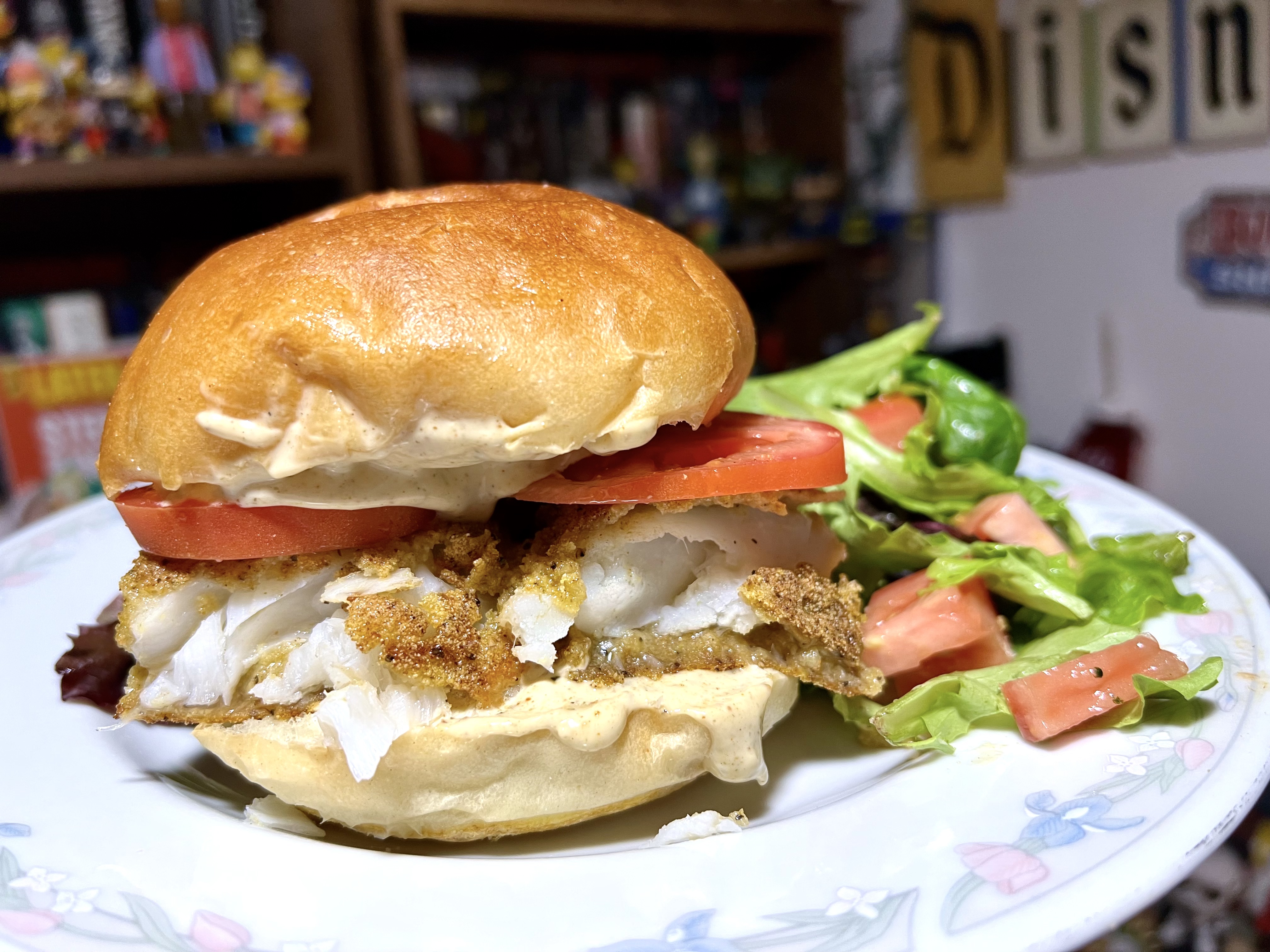 Crispy Cod Fishwiches with Caper Mayo & Baby Greens Salad