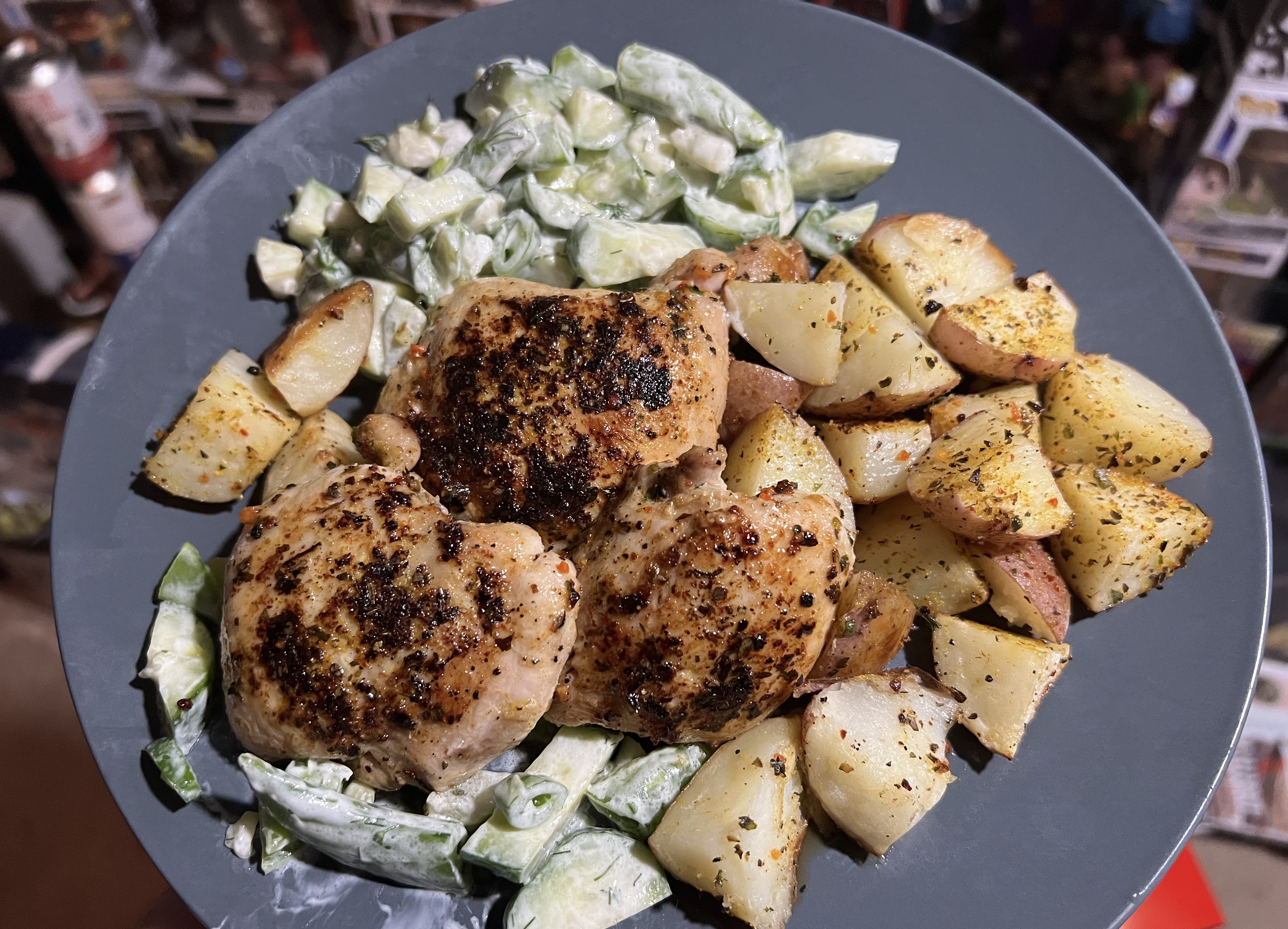Herbed Chicken Thighs & Roasted Potatoes Crunchy Salad with Lemon-Dill-Sour Cream Dressing