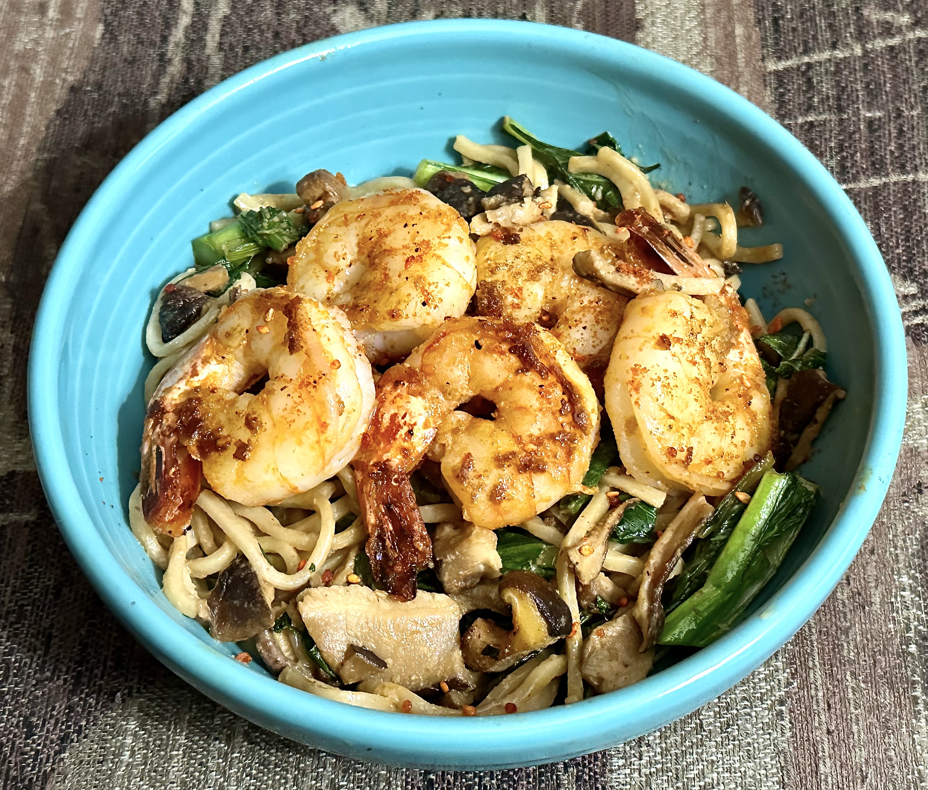 Ginger Tiger Shrimp & Fresh Shiitake Mushrooms with Tahini-Lime Egg Noodles & Asian Greens