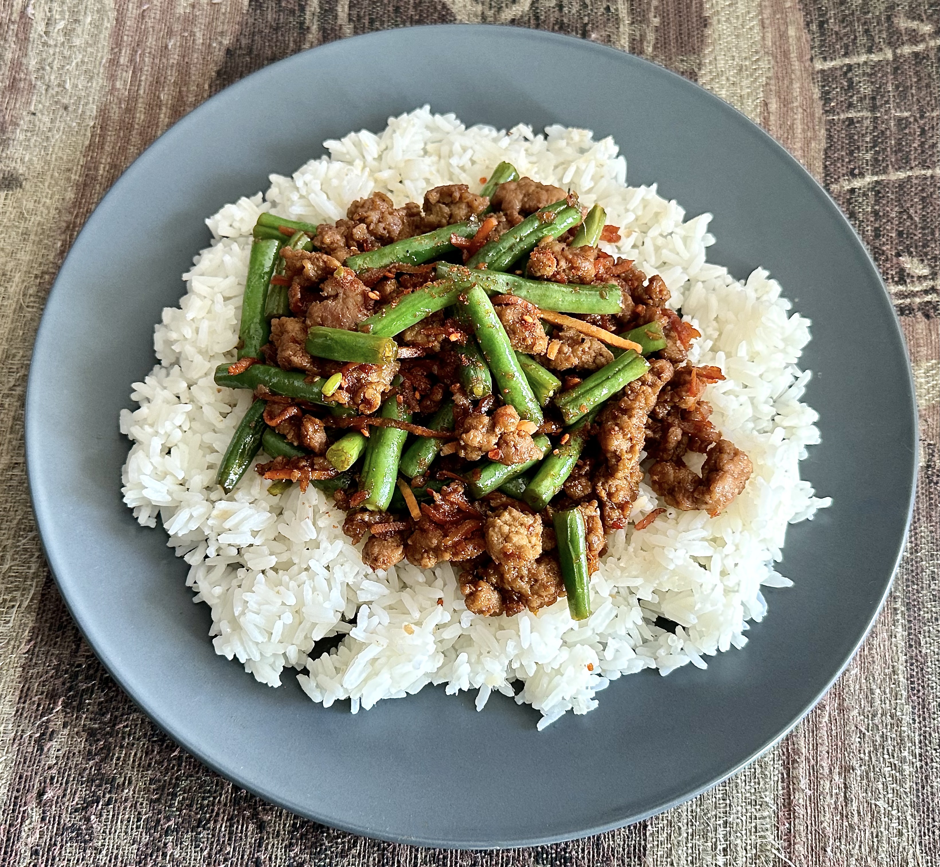 Sesame-Spiced Ground Pork, String Bean & Carrot Bowls over Ginger Jasmine Rice