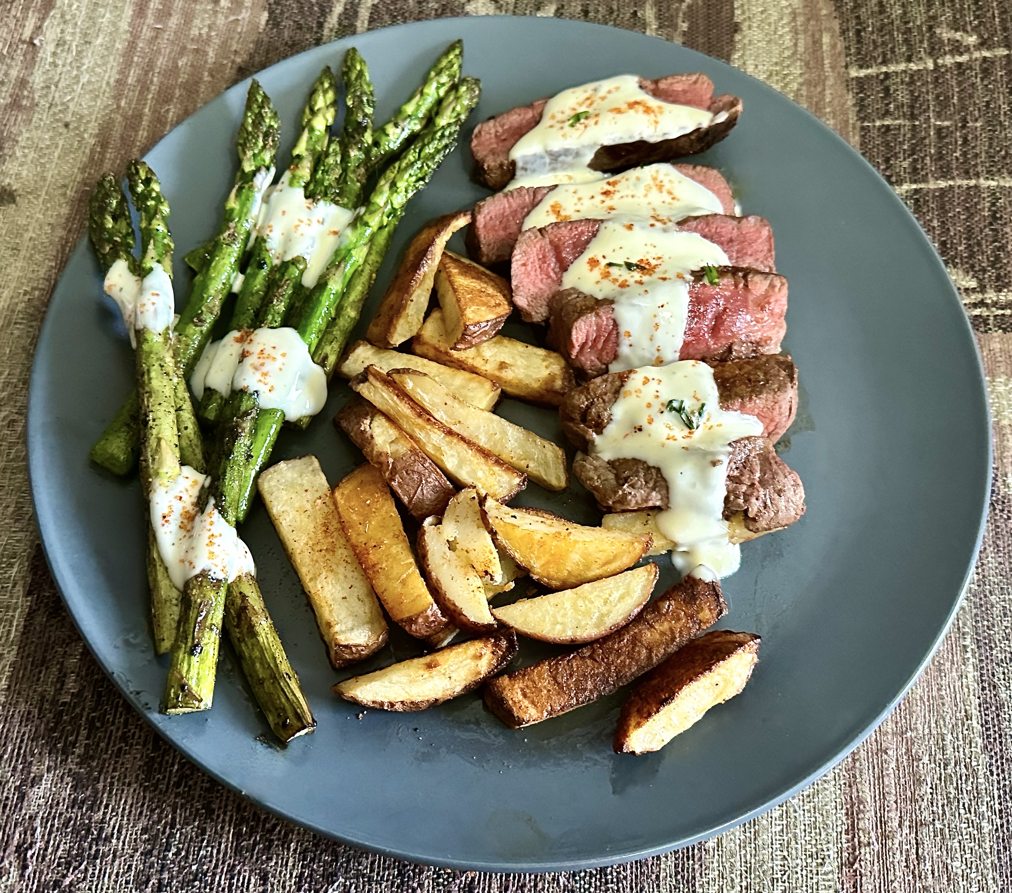 Steak Frites with Smoky ‘Hollandaise’ Sauce with Asparagus