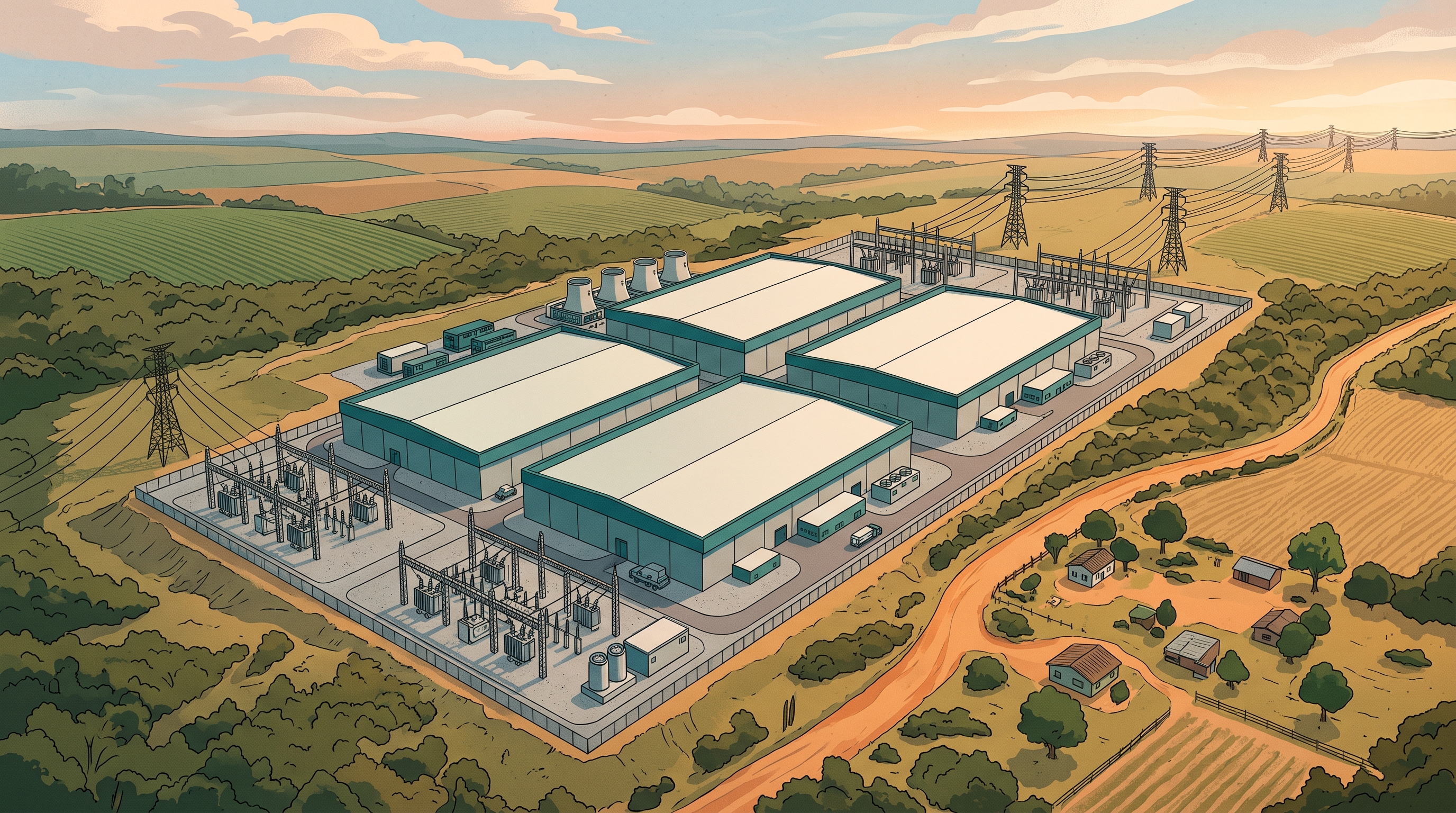 Vista aérea de um complexo de data centers no brasil ao lado de linhas de transmissão e área rural