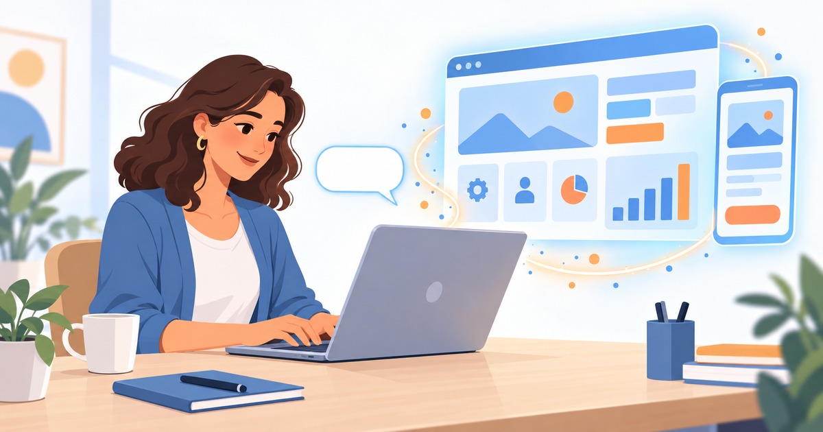 Pessoa comum digitando um pedido em linguagem comum para criar um site, sem código na tela