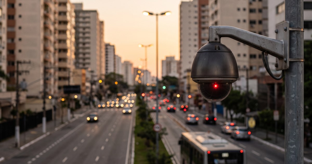 Câmera de videomonitoramento em poste de avenida brasileira ao entardecer, símbolo das cidades inteligentes