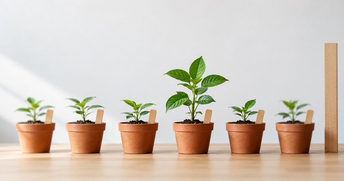 Growth hacking: fileira de mudas em vasos de teste, uma bem mais alta que as outras, ao lado de uma régua de medição